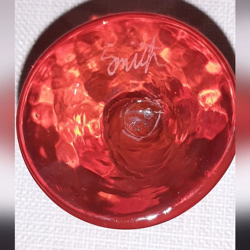 Vintage, DREW SMITH | Red Glass Artisan Candle Holder - signed